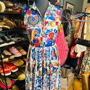 Rossella Floral Paisley Boho Sleeveless Midi  Dress - Multicolor Size Medium